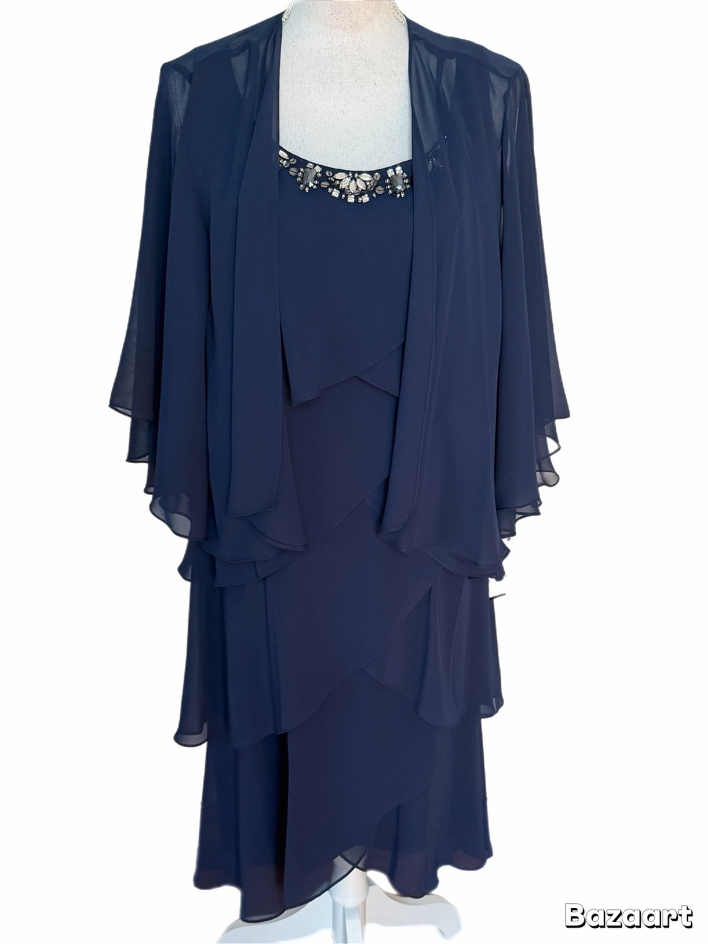 SLNY Dress Size 14W NWT Navy Chiffon Rhinestone Embellished Tiered Formal - Picture 2 of 7
